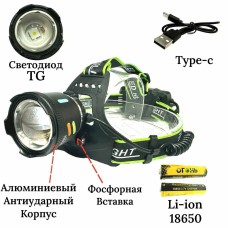 ФОНАРЬ НА ЛОБ 1Д+ЗУ HT-3126-PM20-TG 18650 акк.ZOOM шнур TYPE-C